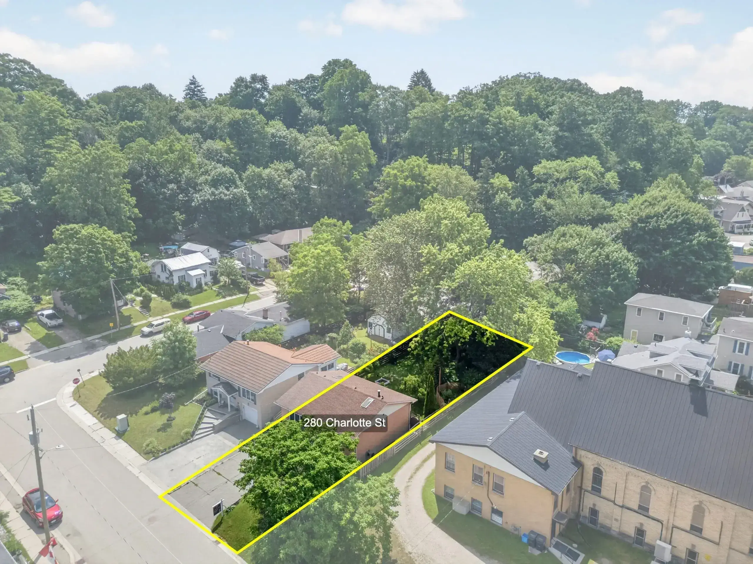 Boundary style aerial drone photo with property outline — Port Stanley Ontario real estate